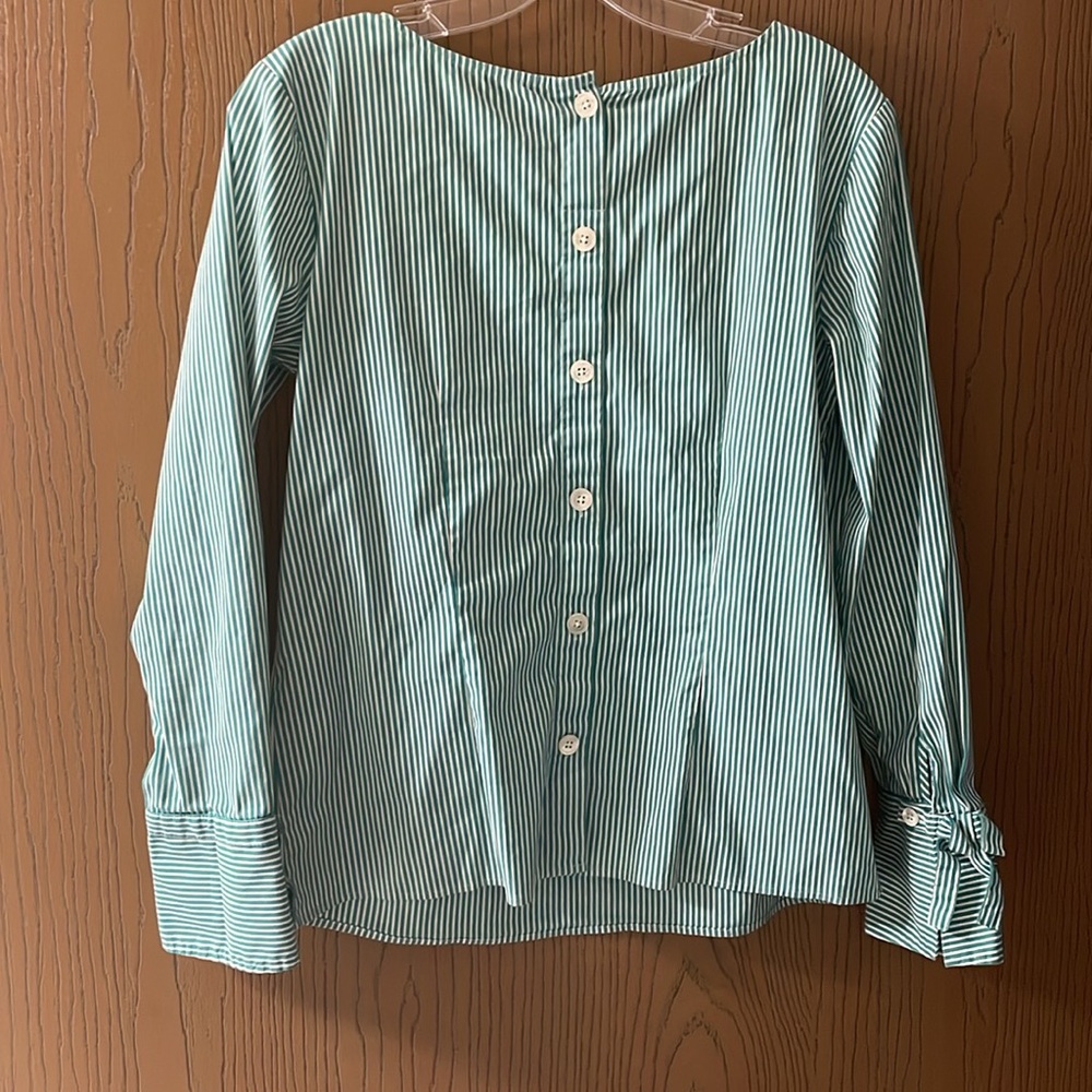 Talbots women’s long sleeve green & white striped blouse~ Large - Picture 5 of 10